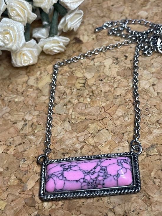 Jewelry - Pink Rectangular Stone Pendant Necklace - Women's Jewelry
